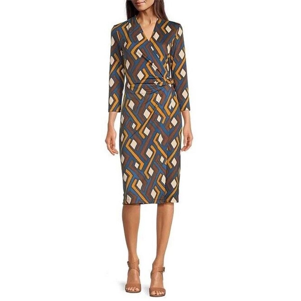 J. McLaughlin Blue/Brown Long Sleeve Dree Midi Wrap Dress Sz M NWT